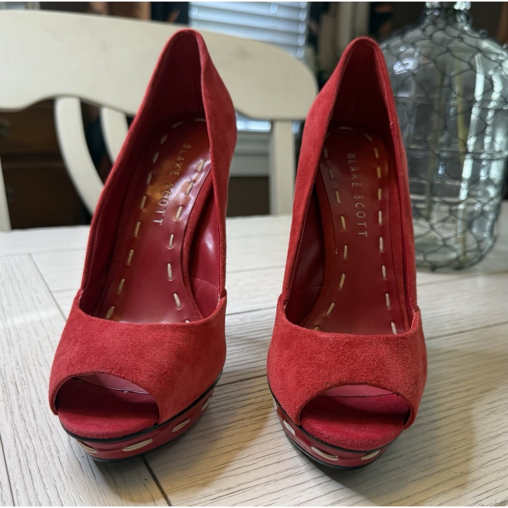 Blake Scott New Suede Red Peep Toe 5" Stiletto Heel Shoes Contrast Stitch Glam 7